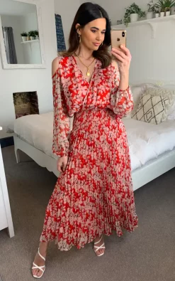 New ❤️ Traffic People Requim Midi Floral 👗 Dress In Red 🤩