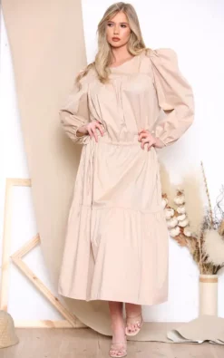 New π LOES House Long Puff Sleeve Round Neck π Shirt Maxi π Dress In Beige π