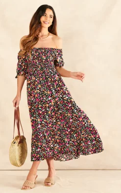 Promo 👏 Jenerique Bardot Midi 👗 Dress In Black Floral Print 😍