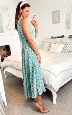 Budget 🥰 Shikha London Floral V Neck Wide 👗 Skirt 👗 Dress Green 😀 -Alie Street Shop unnamed file 1372