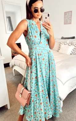 Budget 🥰 Shikha London Floral V Neck Wide 👗 Skirt 👗 Dress Green 😀 -Alie Street Shop unnamed file 1373