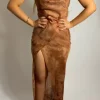 Coupon 🧨 COTO LONDON Carmen Thigh Split Brown Tie Dye Maxi 👗 Dress 👏