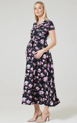 Best Sale 😍 Happy Mama Maternity Nursing Maxi Wrap 👗 Dress In Black And Pink Flowers ❤️ -Alie Street Shop unnamed file 1423