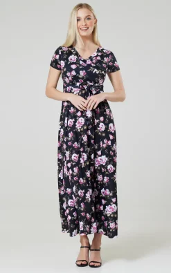 Best Sale 😍 Happy Mama Maternity Nursing Maxi Wrap 👗 Dress In Black And Pink Flowers ❤️ -Alie Street Shop unnamed file 1424
