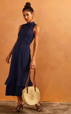 Promo 👏 Bella And Blue Ruffle Hem High Neck Sleeveless 👗 Dress In Navy 🤩