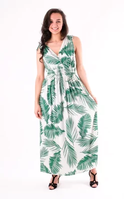 Brand new 🛒 Pinstripe Elasticated Waist Leaf Print Maxi 👗 Dress In White ❤️