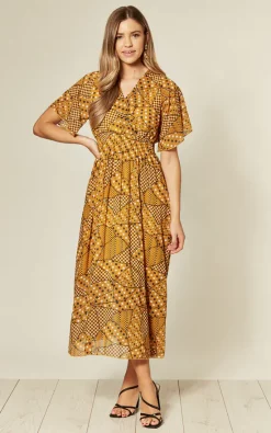 Flash Sale 🥰 Shikha London Spotty Wrap Front Shirred Waist Maxi 👗 Dress In Yellow 👏