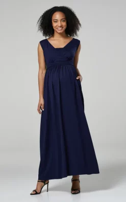 Hot Sale 😀 Happy Mama Maternity Nursing Maxi 👗 Dress With Pockets In Navy ❤️