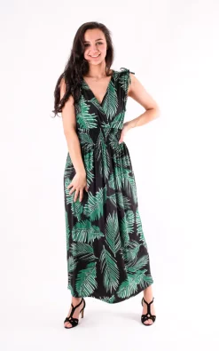 Best reviews of 🛒 Pinstripe Elasticated Waist Leaf Print Maxi 👗 Dress In Black 👏