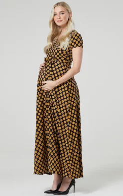 Budget 🤩 Happy Mama Maternity Nursing Maxi Wrap 👗 Dress In Navy With Mustard Dots 😀 -Alie Street Shop unnamed file 1488