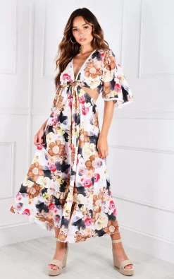 Outlet ❤️ IKRUSH Vilma Cut Out Flute Sleeve V Neck Printed Maxi 👗 Dress In Mocha 👍