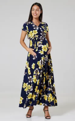 Brand new 🤩 Happy Mama Maternity Nursing Maxi Wrap 👗 Dress In Navy With Large Yellow Flowers 🌟