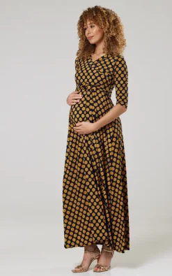 New ⭐ Happy Mama Maternity & Nursing Maxi In Navy With Mustard Dots 🤩