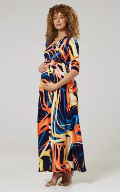 Best Pirce 🤩 Happy Mama Maternity & Nursing Maxi In Navy With Orange, Yellow And Blue Stripes 😍