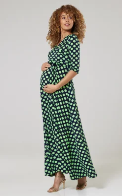 Cheap 🔥 Happy Mama Maternity & Nursing Maxi In Navy With Green Dots 🧨