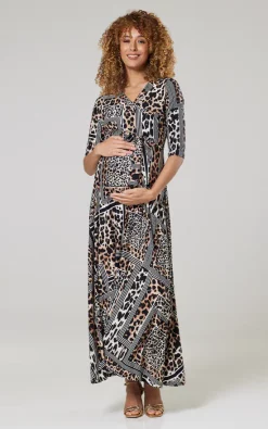 Best Sale 😍 Happy Mama Maternity & Nursing Maxi In Mixed Panther Print ⌛