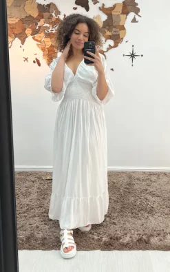 Wholesale ❤️ Pinstripe Plain Ruffle Hem Maxi 👗 Dress In White 🛒