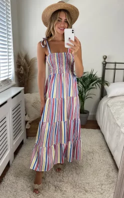 Hot Sale 👏 Miss Floral Mixed Colour Stripe Strappy Tie Shoulder Maxi 👗 Dress 🧨
