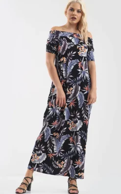 Wholesale 🔥 Oops Fashion Off Shoulder Maxi 👗 Dress In Blue Floral Print 👏
