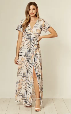 Cheap 😀 HOXTON GAL Wrap Maxi 👗 Dress In Yellow Leaf Print ✨
