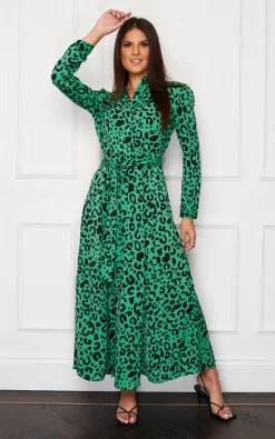 Hot Sale 🔔 Girl In Mind Brielle Long Sleeve 👕 Shirt Maxi 👗 Dress Green Leopardd 🔥