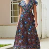 New ✔️ FS Collection Bohemian Style Wrap Maxi 👗 Dress In Navy & Yellow & Green Floral Print 🎉