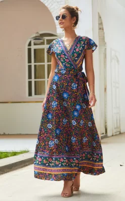 New ✔️ FS Collection Bohemian Style Wrap Maxi 👗 Dress In Navy & Yellow & Green Floral Print 🎉