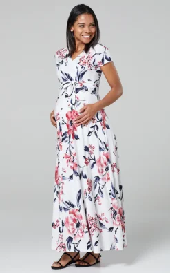 Best Sale ✔️ Happy Mama Maternity & Nursing Maxi 👗 Dress In White Floral Print 🥰