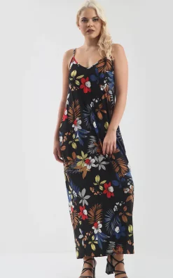 Flash Sale 😍 Oops Fashion Oversized Strappy Maxi 👗 Dress In Black Tropical Print 😉
