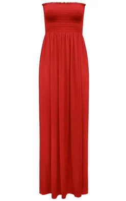 Flash Sale ✨ Oops Fashion Ruched Bandeau Jersey Maxi 👗 Dress Red 🤩