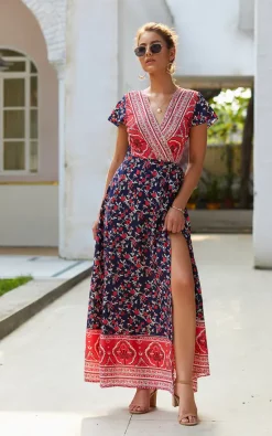 New ✔️ FS Collection Bohemian Style Wrap Maxi 👗 Dress In Navy & Red Floral Print 😉