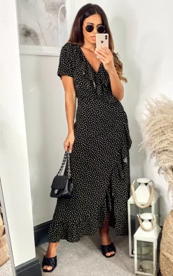 Promo π₯° HOXTON GAL Polka Dot Maxi π Dress With Ruffle Detail In Black β€οΈ