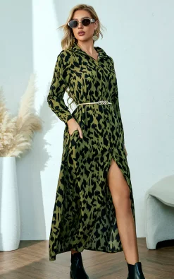 Promo 𧨠FS Collection Olive Green Animal Print Maxi π Shirt π Dress With Tie Waist + Free Gold Stretch Belt π
