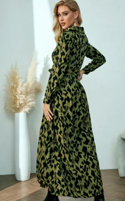 Promo 🧨 FS Collection Olive Green Animal Print Maxi 👚 Shirt 👗 Dress With Tie Waist + Free Gold Stretch Belt 🛒 -Alie Street Shop unnamed file 1805