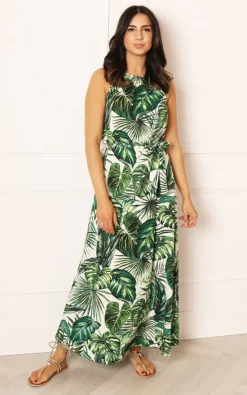 Wholesale 🎉 One Nation Clothing Tropical Palm Print Halter Neck Maxi 👗 Dress In Green & White 👍