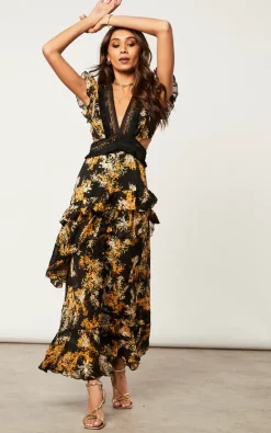 New 🛒 Dark Pink Short Sleeve Black And Gold Maxi 👗 Dress With V Neck Lace Hem Detail 🌟