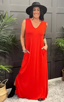 Hot Sale 👏 La De Da Boutique V Neck Sleeveless Maxi 👗 Dress In Red 🌟