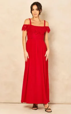 Best Sale 😀 Double Second Red Lace Off Shoulder Chiffon Maxi 👗 Dress ⌛