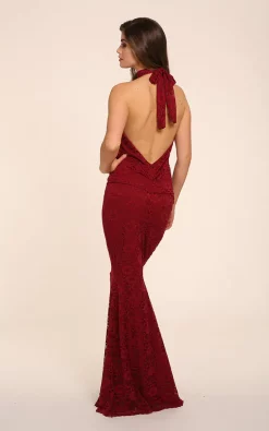 Buy ✨ Honor Gold Sophia Berry Lace Backless Halter Neck Fishtail Maxi 👗 Dress 😀