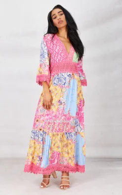 Budget 😀 Boutique Store Pink Lace Detail Tiered Maxi 👗 Dress ⭐