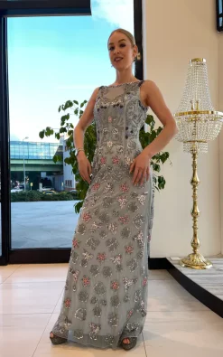 New 😀 Lucky Miami Luxury Fully Hand Beaded Flattery Maxi 👗 Dress 😉