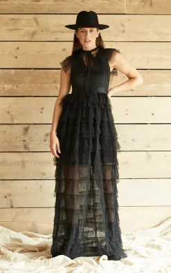 Coupon 😉 Mimi Clothing Black Tulle Ruffle High Tie Neck Maxi 👗 Dress 🎁