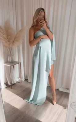 Best deal 😍 Rag & Doll Maternity Liberty Mint Glitter One Shoulder Split Sleeve Mini Asymmetric Floorlength Drape 👗 Dress 🌟