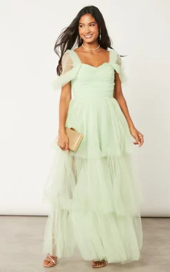 Best Sale 😍 Lace & Beads Sydney Tiered Tulle Maxi 👗 Dress Sage 🎉