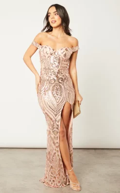 Top 10 😀 Nazz Collection Angel Rose Gold Luxe Sequin Embellished Off The Shoulder Maxi Slit 👗 Dress 👏