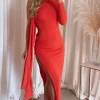 Top 10 🔥 Rag & Doll Willow Asymmetric Cut Out One Shoulder Long Sleeve Tie Floorlength 👗 Dress Coral 🛒