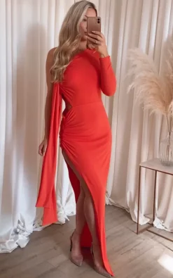 Top 10 🔥 Rag & Doll Willow Asymmetric Cut Out One Shoulder Long Sleeve Tie Floorlength 👗 Dress Coral 🛒