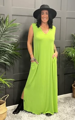 Flash Sale 🎉 La De Da Boutique V Neck Sleeveless Maxi 👗 Dress In Lime 🔥
