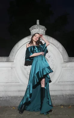 Wholesale 🎁 Leiva Dark Green Hi Low Bardot Off Shoulder Maxi 👗 Dress, Occasion Evening 👗 Dress 👏