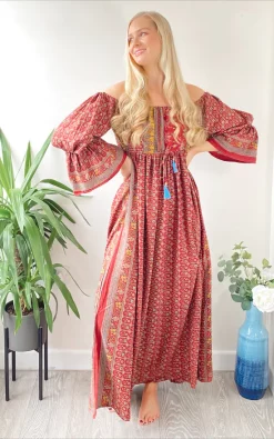 Hot Sale 👍 LEONORA GYPSY Bella Pink And Red Print Recycled Silk Bardot Boho Maxi 👗 Dress 👍
